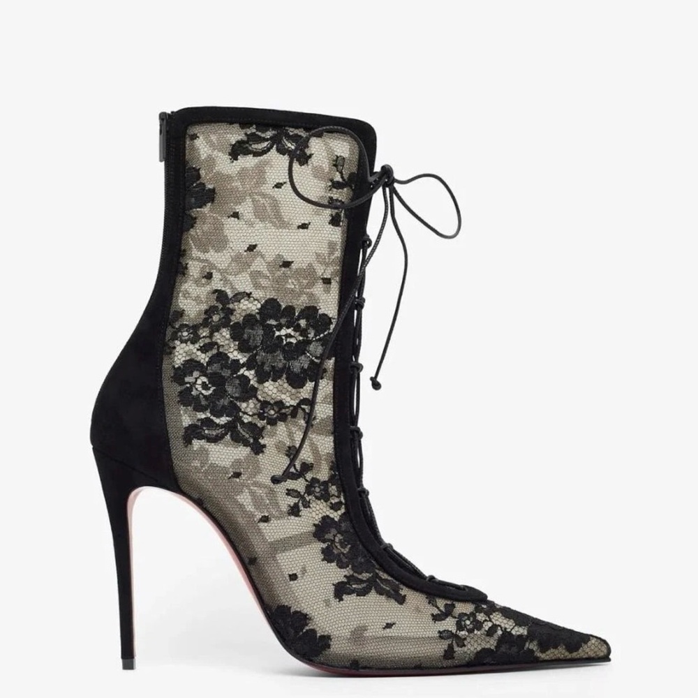 Christian Louboutin KM Lace Booty 100 Black Corset Ankle Boots Heels EU 37 NIB